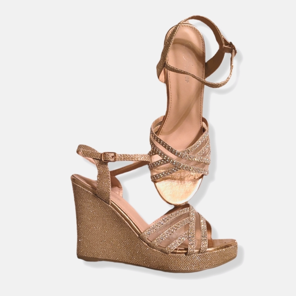 Gold Glittery Diamond Sparkly Strap Wedge Heels
